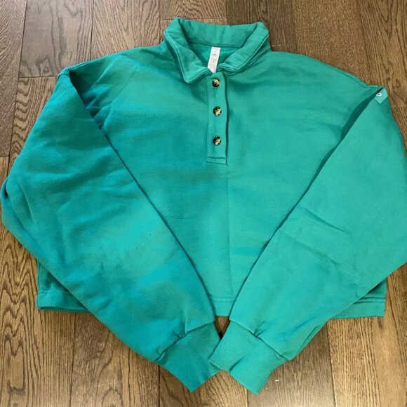 ALO YOGA Polo Henley Fleece Sweatshirt Top in Green Medium - Picture 2 of 2